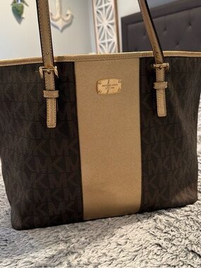 Michael Kors Brown MK Logo Tote with Gold Center Panel
